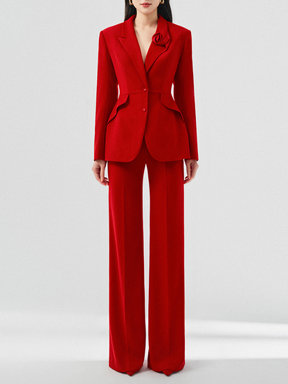 Red 3D Roses  Blazer And Trousers 2-Piece Suit