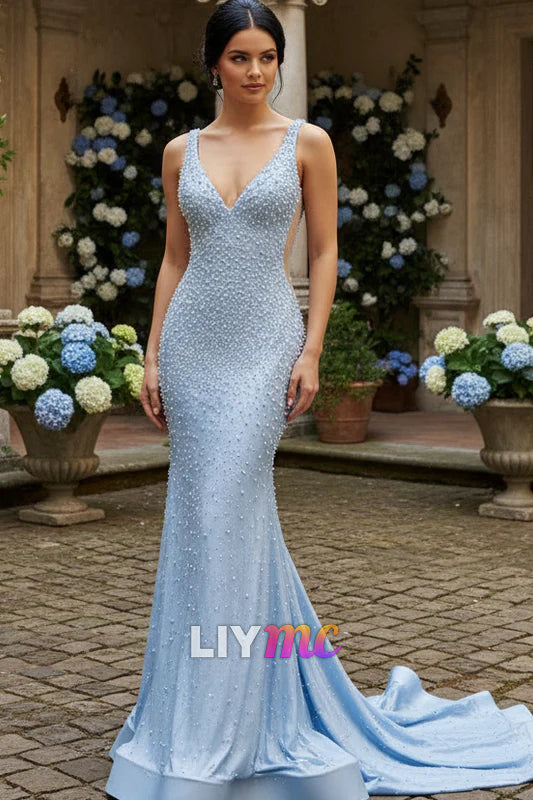 Charming Mermaid V Neck Light Blue Long Prom Dress with Peals