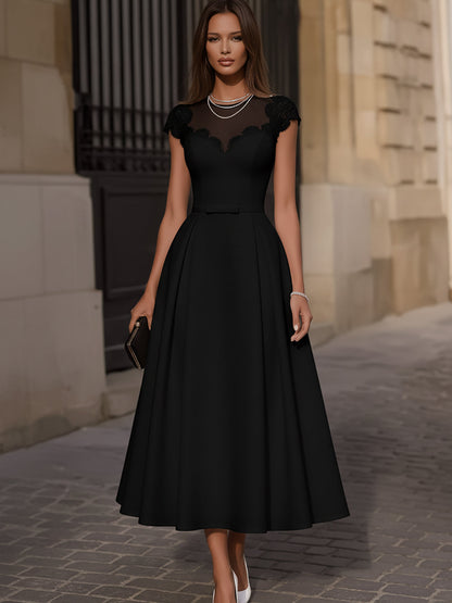 Elegant Black A-Line Dress With Lace Short Sleeves