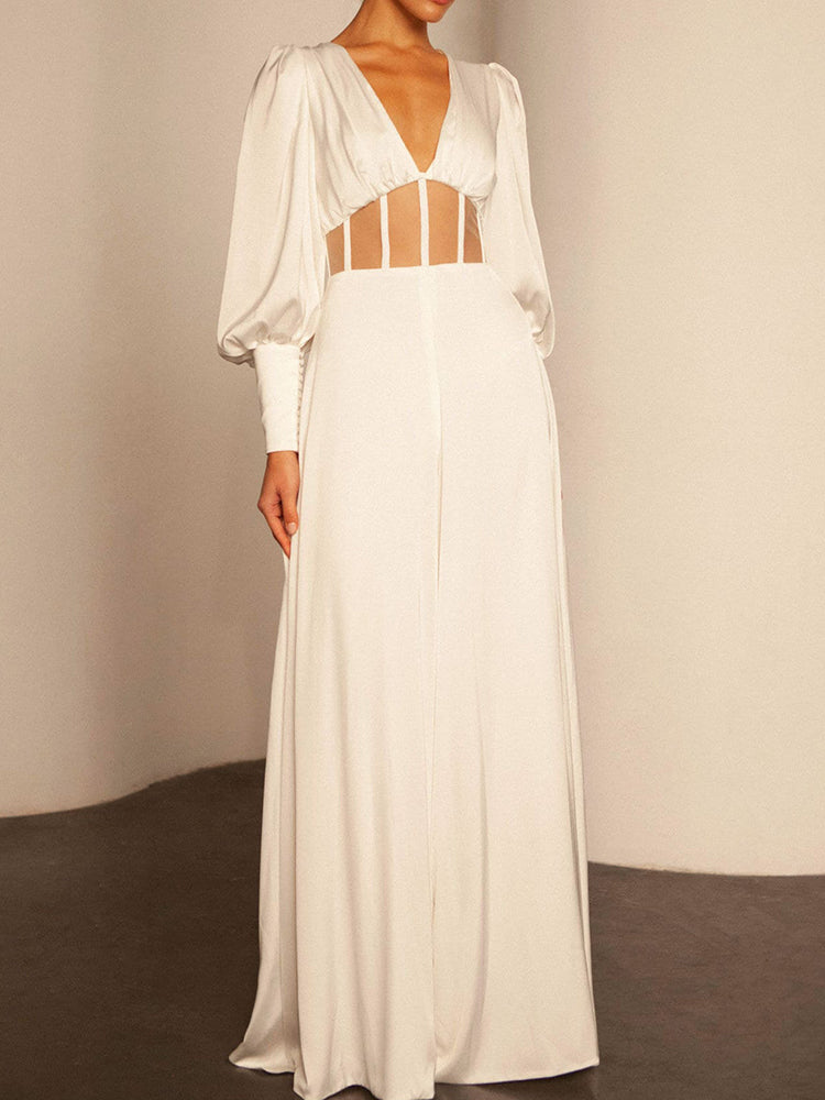 Simple V-Neck Puff Sleeve Belly-Hollow Backless Wide Leg Jumpsuits