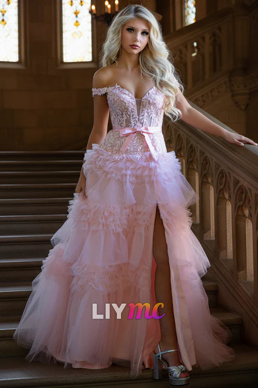 Pink A Line Tulle Ruffles Off the Shoulder Long Prom Dresses with Bow