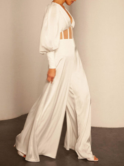 Simple V-Neck Puff Sleeve Belly-Hollow Backless Wide Leg Jumpsuits