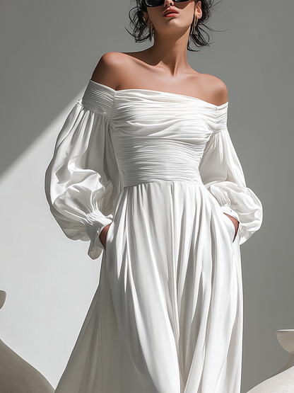 Women's White Chiffon Off-the-shoulder Long Dress With Puff Sleeves And Ruffles