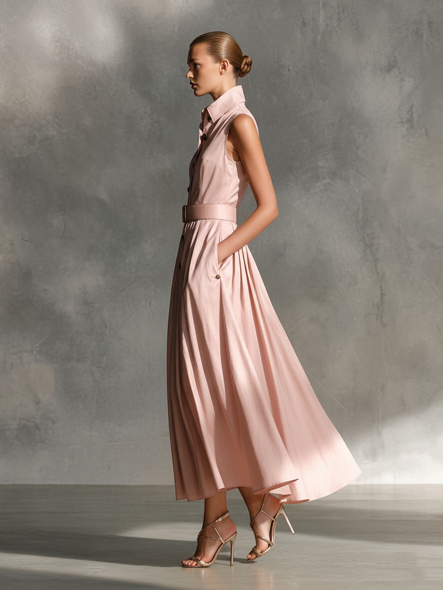 Women's Elegant Cotton Blend Blush Sleeveless Collared Button-Front Belted Midi Dress