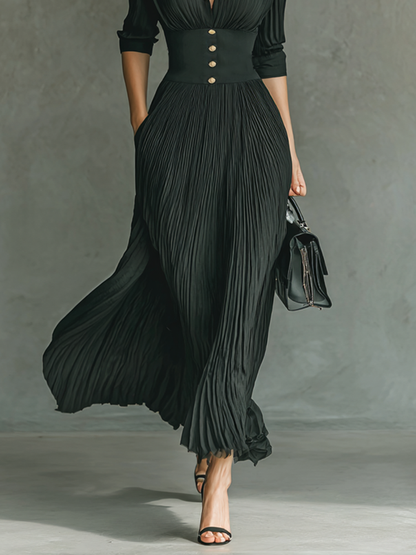 Women's Solid Color Pleated Lapel Waist Long Sleeve Maxi Dress