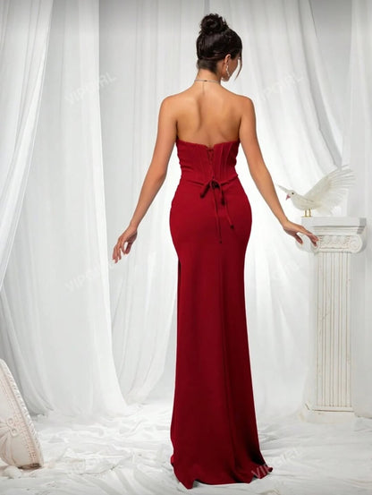 Simple Red Satin Strapless Sleeveless Long Mermaid Prom Dress With Split