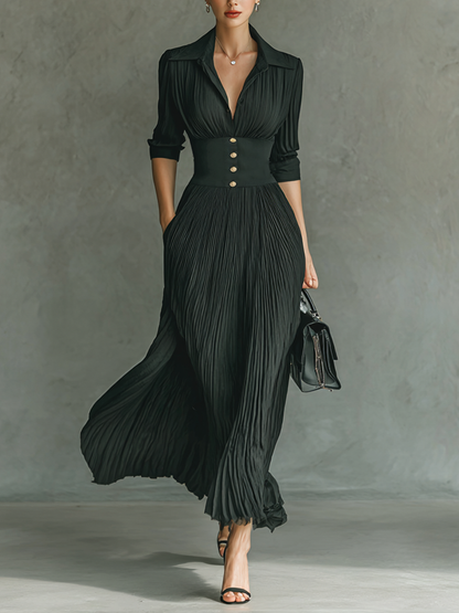 Women's Solid Color Pleated Lapel Waist Long Sleeve Maxi Dress