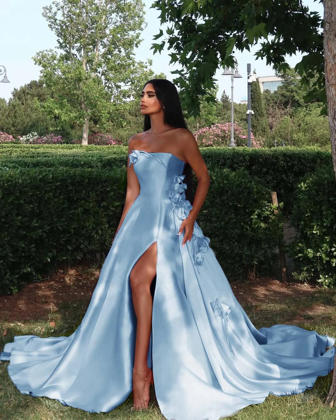 Elegant Straight Across Pink Split Sleeveless Handmade Flower Prom Dress YK0162