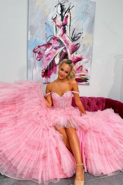 Princess A Line Off the Shoulder Pink Corset Prom Dress with Appliques