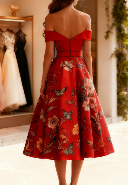 Off-Shoulder Floral Printed A-Line Satin Mother of Bride Dress