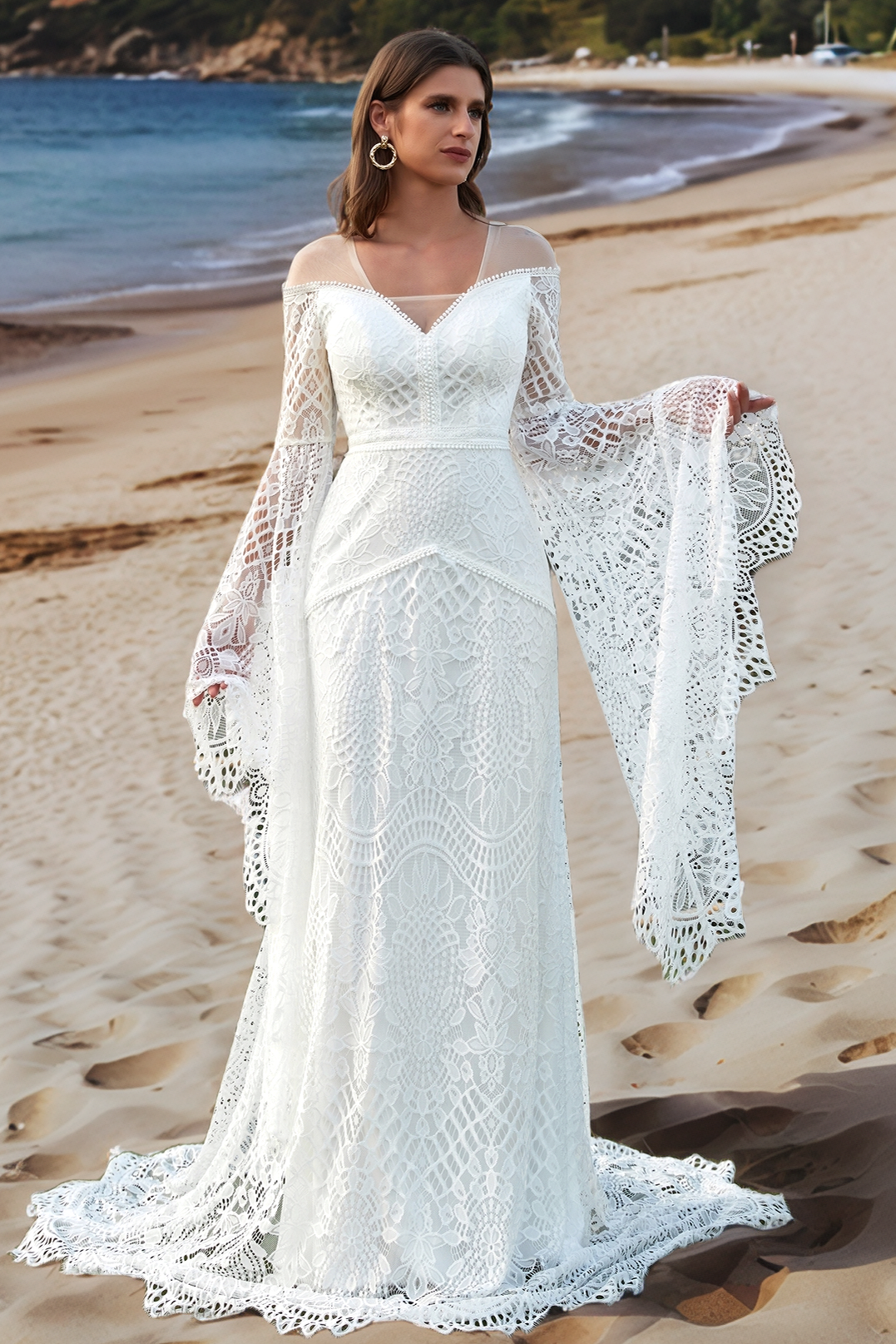 Women's Wedding Dresses Boho for Bride Long Sleeves Plus Size Lace Beach Bridal Gowns