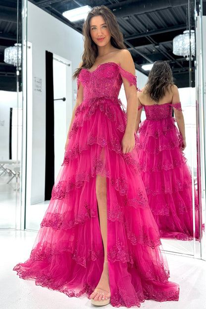 Tulle Lace Appliques Prom Dresses Long A Line Evening Gowns with Ruffles