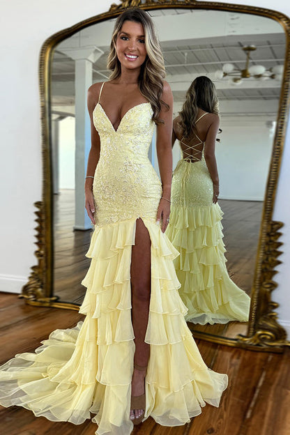 Women's Mermaid Chiffon Ruffles Prom Dresses Long Lace Appliqued Evening Gowns