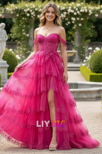 Tulle Lace Appliques Prom Dresses Long A Line Evening Gowns with Ruffles