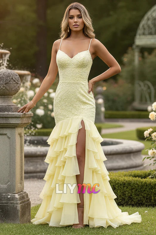 Women's Mermaid Chiffon Ruffles Prom Dresses Long Lace Appliqued Evening Gowns