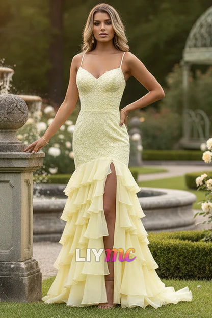 Women's Mermaid Chiffon Ruffles Prom Dresses Long Lace Appliqued Evening Gowns