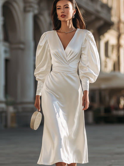 Satin Wrap Dress With Puff Sleeves