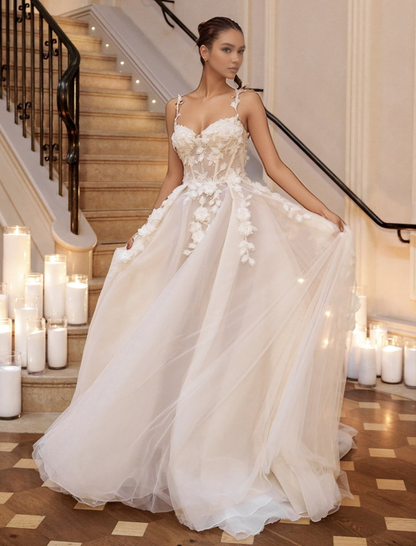 Sweetheart A Line Tulle 3D Flowers Beach Wedding Dresses for Bride