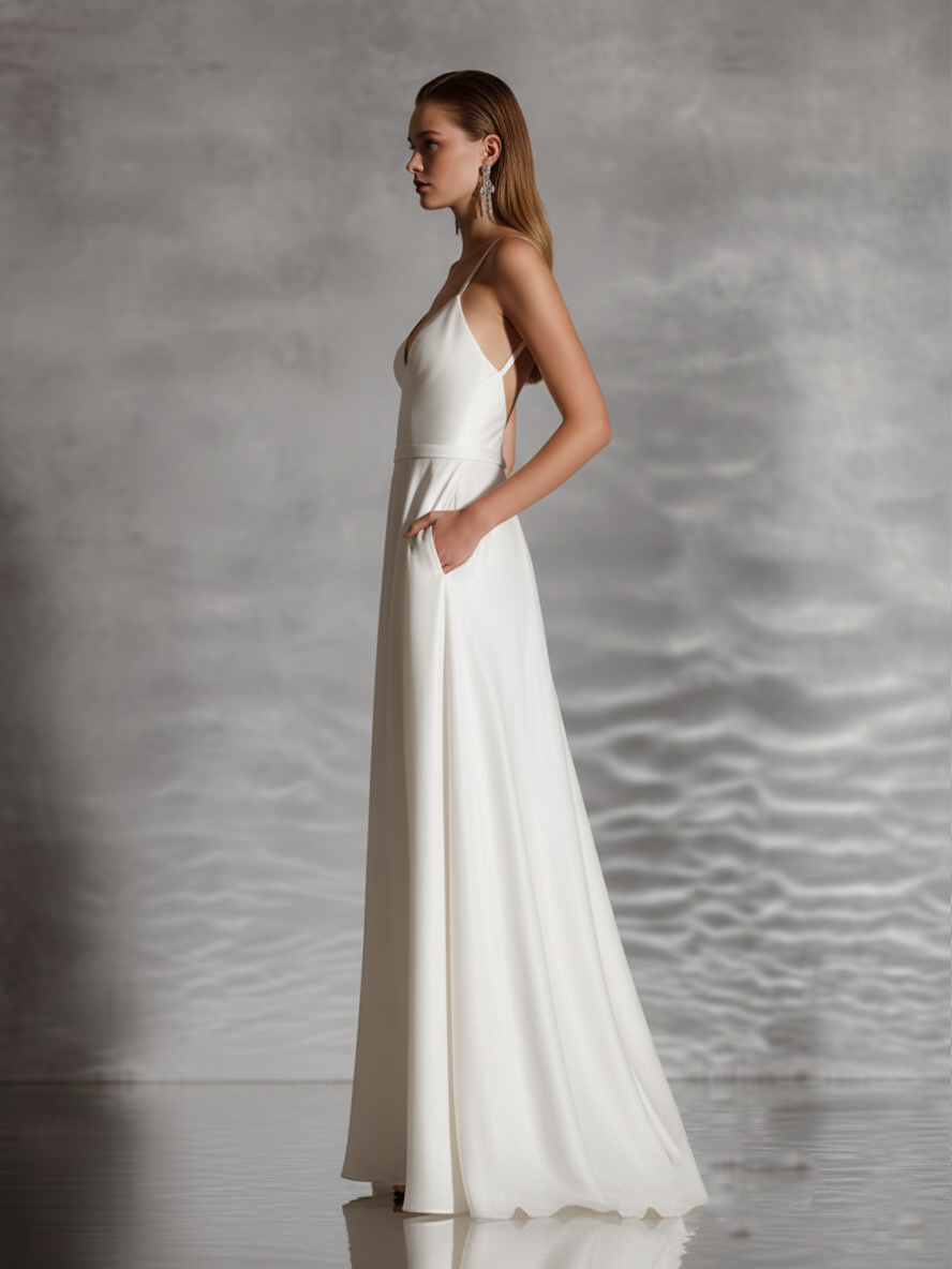 Women's Elegant Satin Ivory Spaghetti-Strap Deep V-Neck Pocketed Maxi Dress