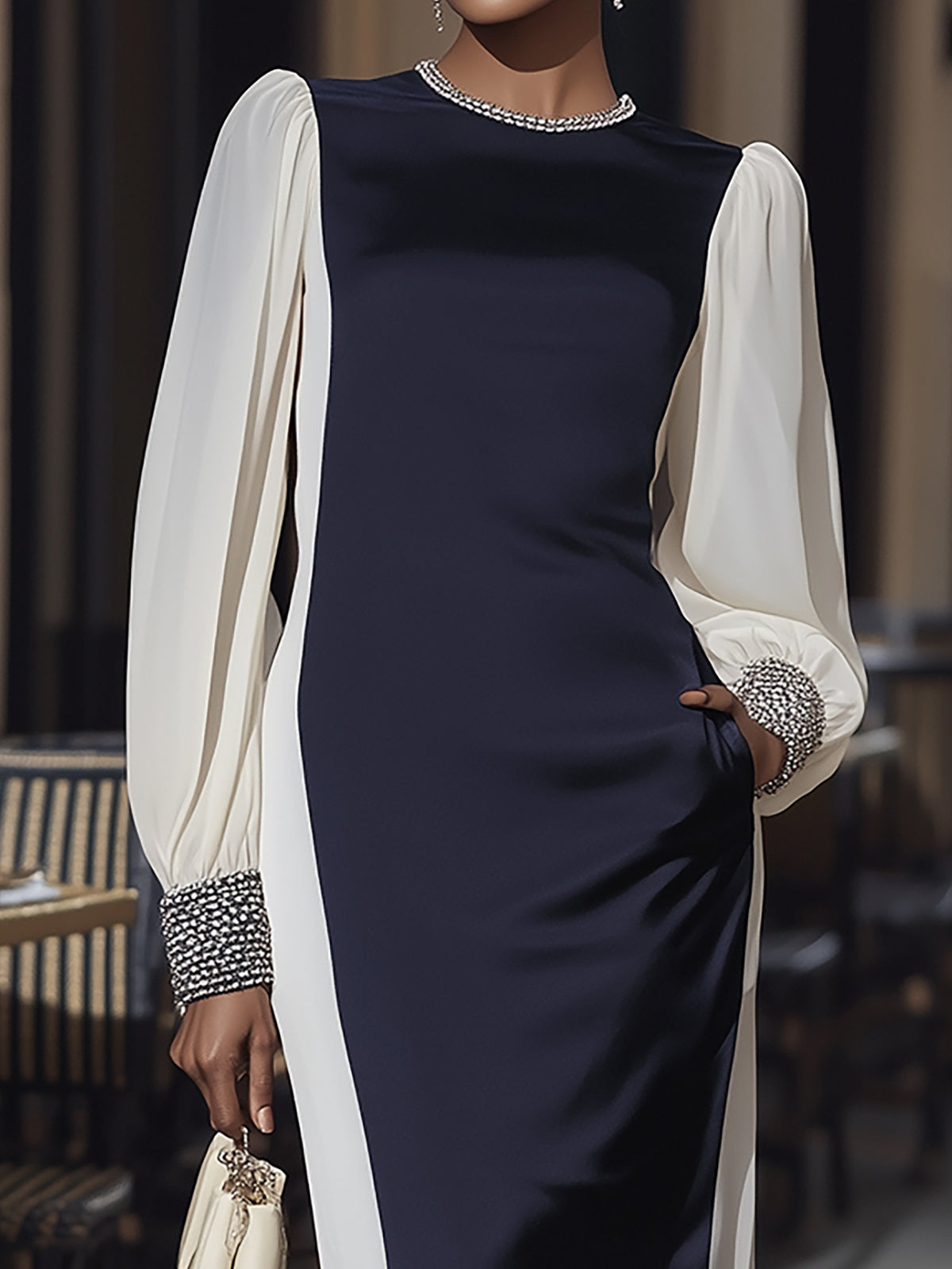 Cream And Navy Satin Color Block Long Sleeve Dress