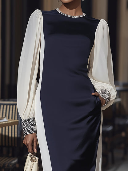 Cream And Navy Satin Color Block Long Sleeve Dress