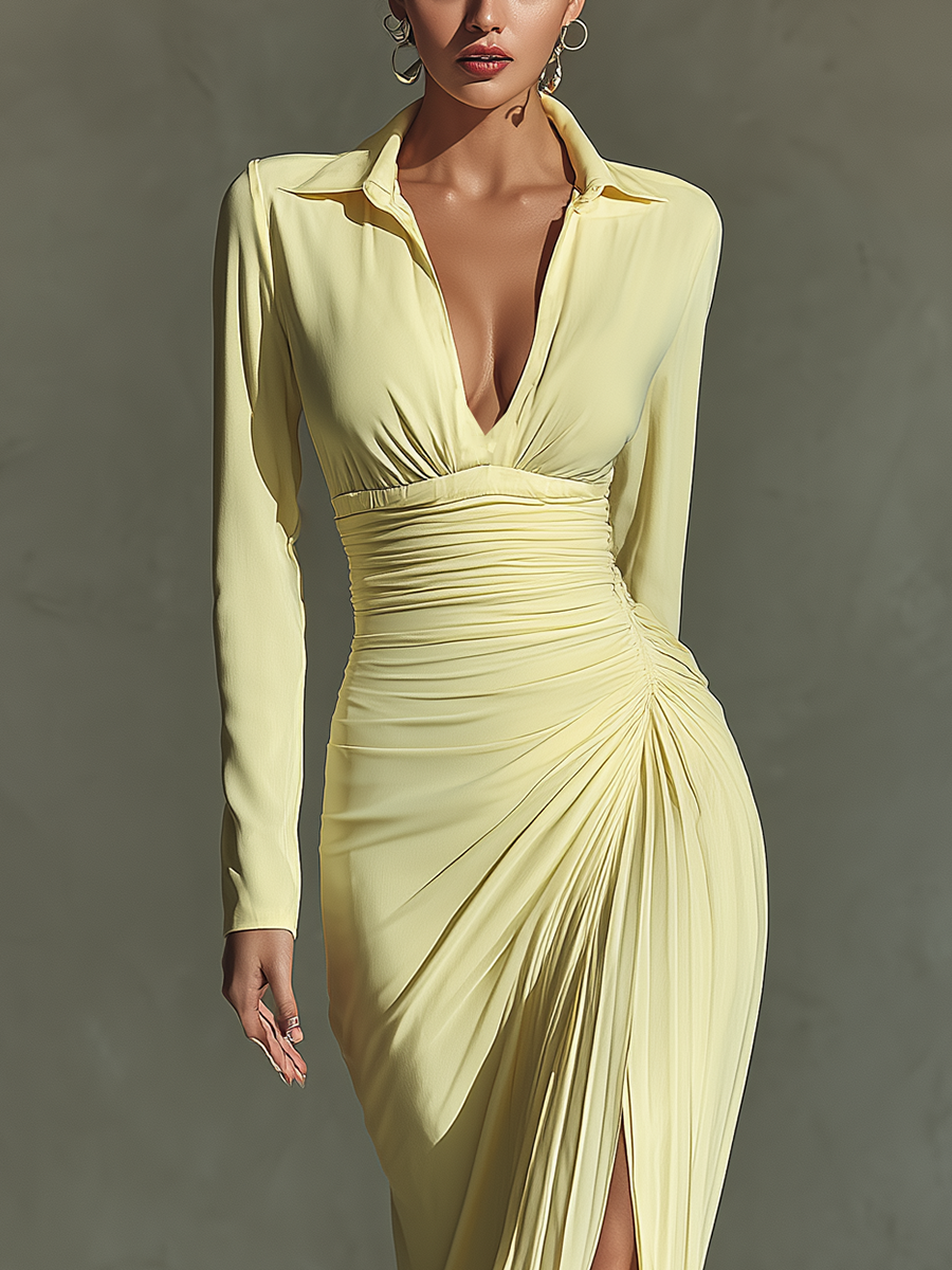 Women's Pale Yellow Smooth Fabric Plunging Neck Ruched Maxi Dress With Slit