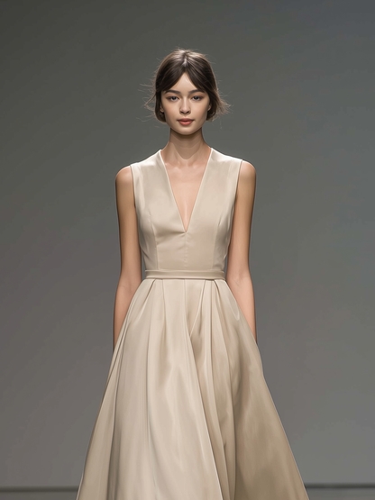 Women's Elegant Champagne-colored Satin Sleeveless V-neck Fitted Long Dress
