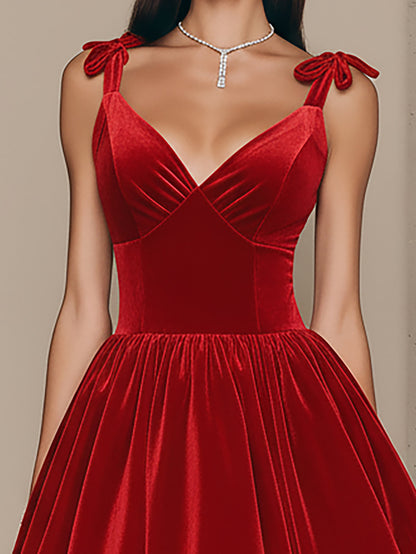 Chic Red Velvet Spaghetti Strap Puff Dress