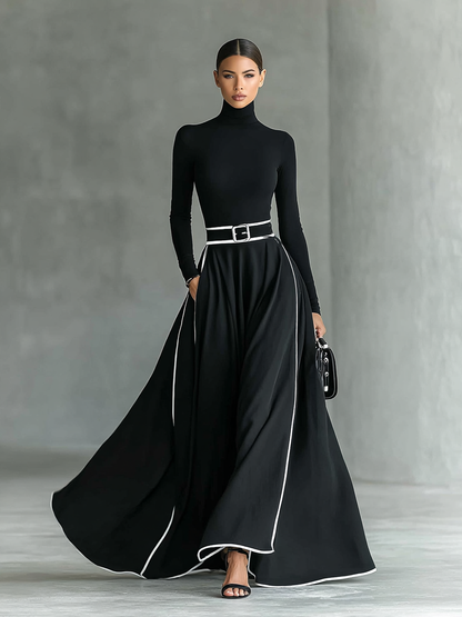 Women's Black Stitching White Trim High Collar Long Sleeve Tight Belt Liymc Women's Black Stitching White Trim High Collar Long Sleeve Tight Belt Liymc