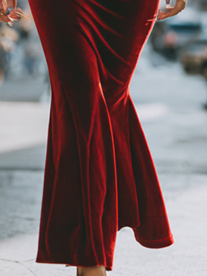 Cold Shoulder Red Velvet Gown With Halter Neckline