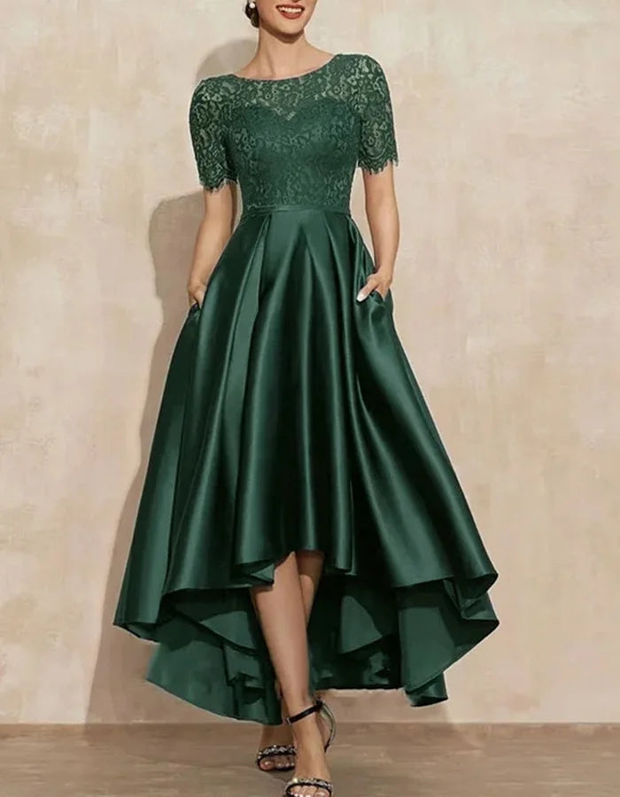 Lace Solid Color Round Neck Short Sleeves Midi Dress