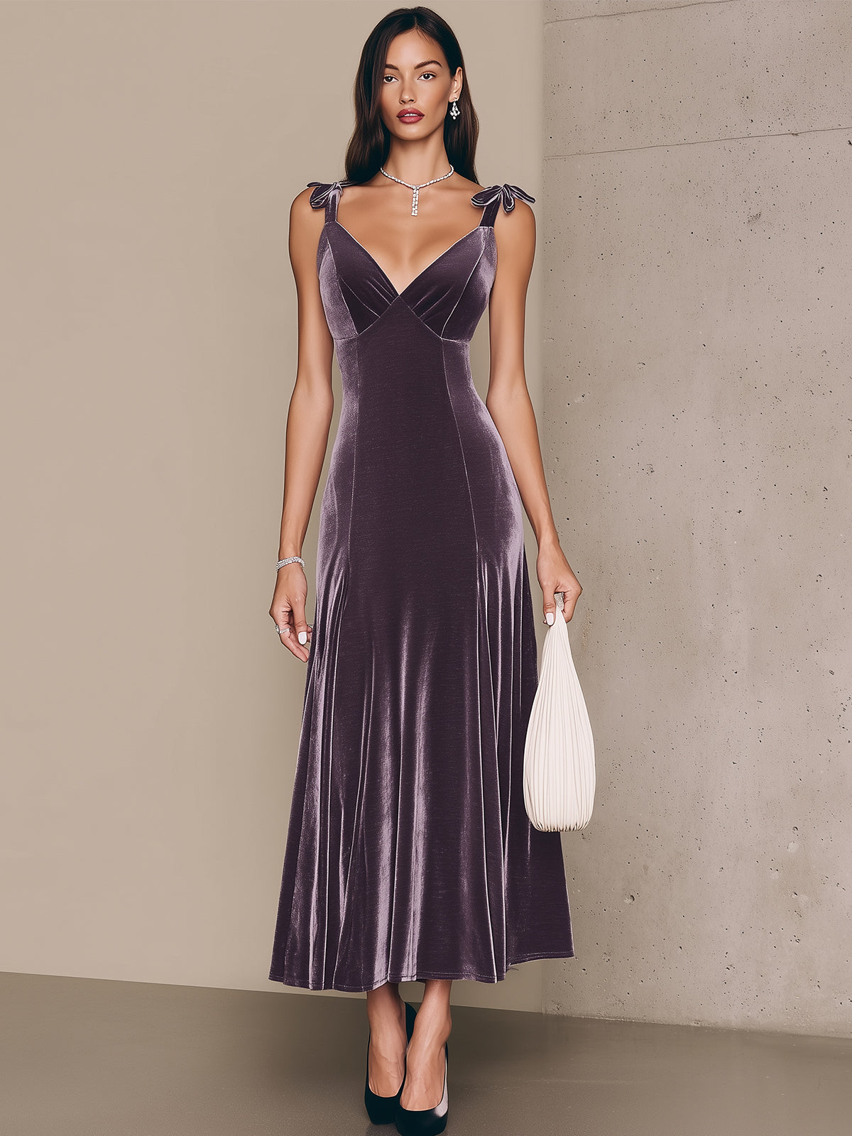 Elegant Purple Velvet Bow Strap Midi Dress