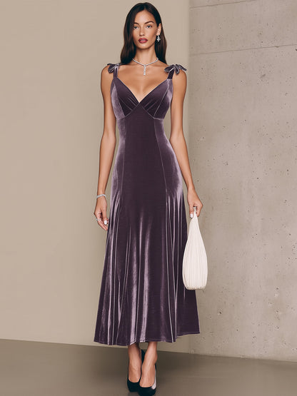 Elegant Purple Velvet Bow Strap Midi Dress