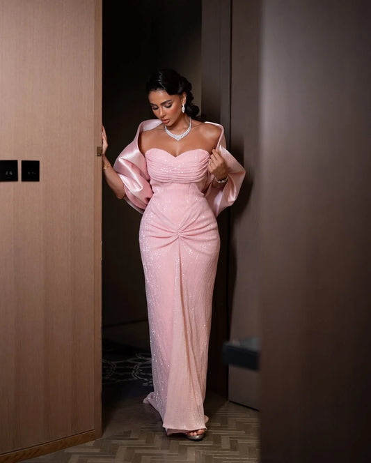 Gorgeous Pink Sweetheart Strapless Pleated Prom Dress With Shawl