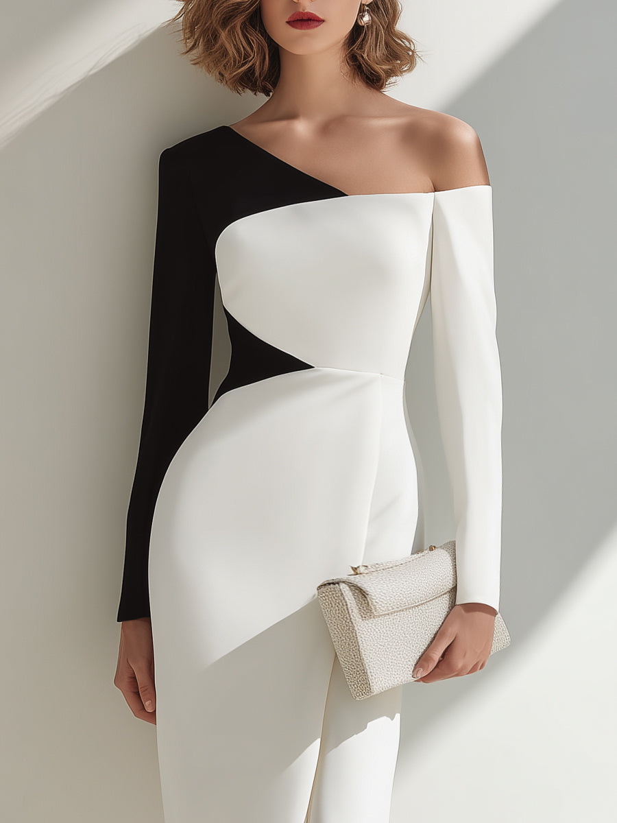 Black And White Asymmetrical One-Shoulder Midi Dress