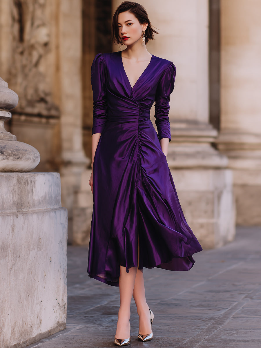 Plum Satin Ruched Wrap Midi Dress