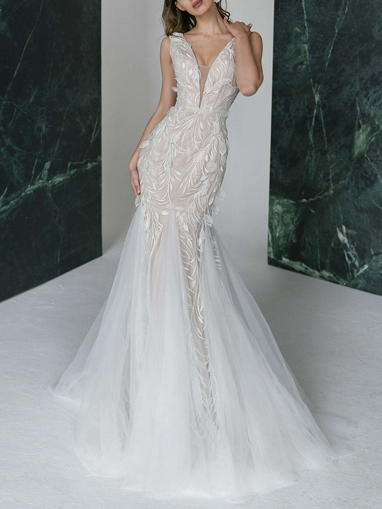 Elegant Deep V-Neck Embroidered Mesh V-Back Wedding Maxi Dress