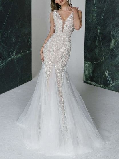 Elegant Deep V-Neck Embroidered Mesh V-Back Wedding Maxi Dress