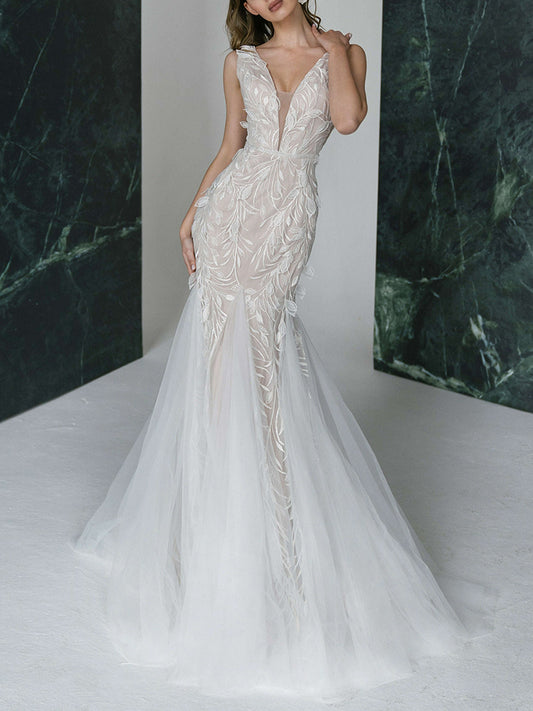 Elegant Deep V-Neck Embroidered Mesh V-Back Wedding Maxi Dress