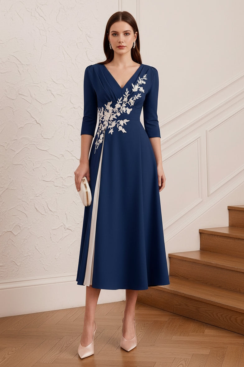 V-Neck Long Sleeves Appliques A-Line Mother of Bride Dress