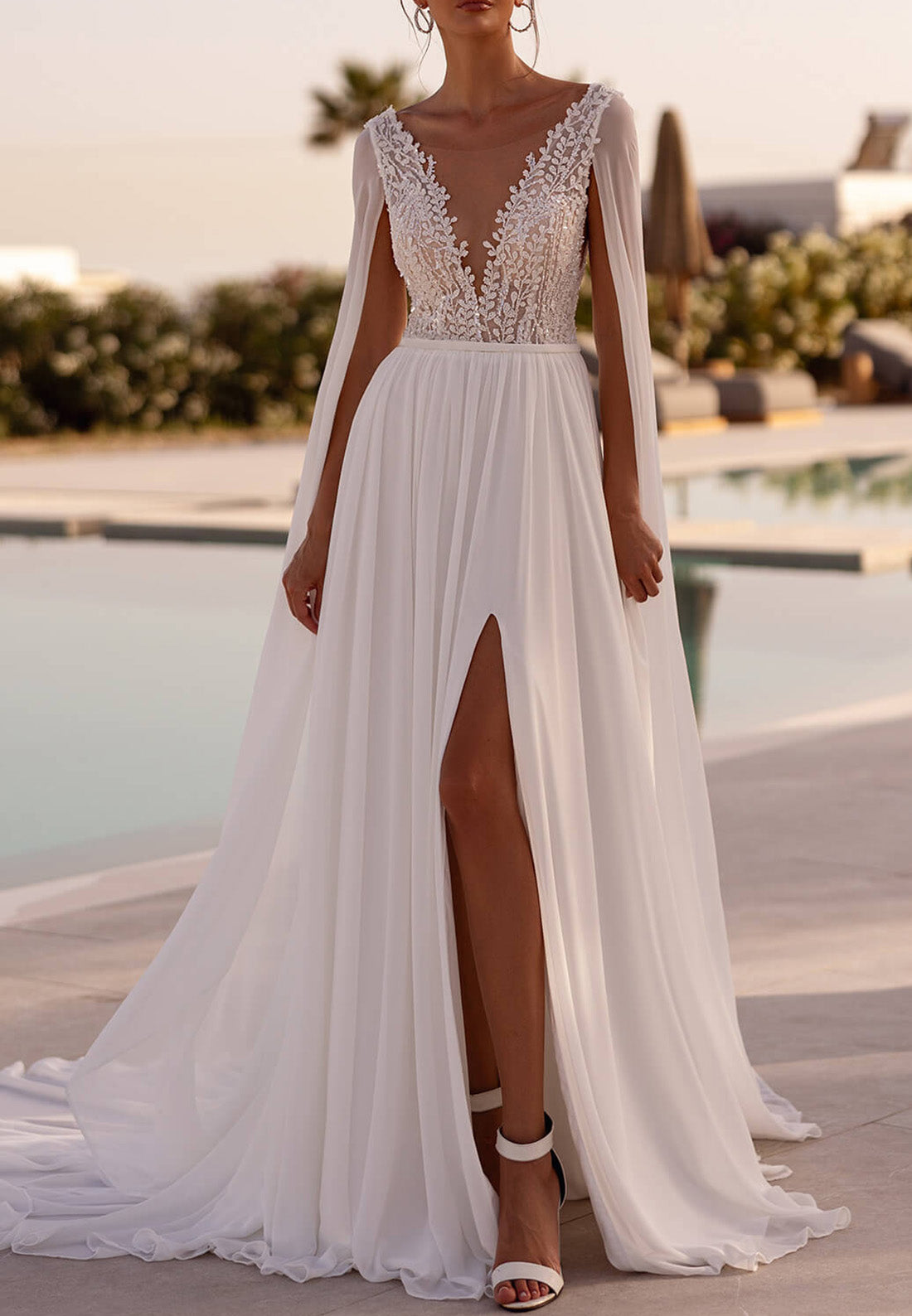 V-Neck Sleeveless Lace Appliques Pleated A-Line Beach Wedding Dress