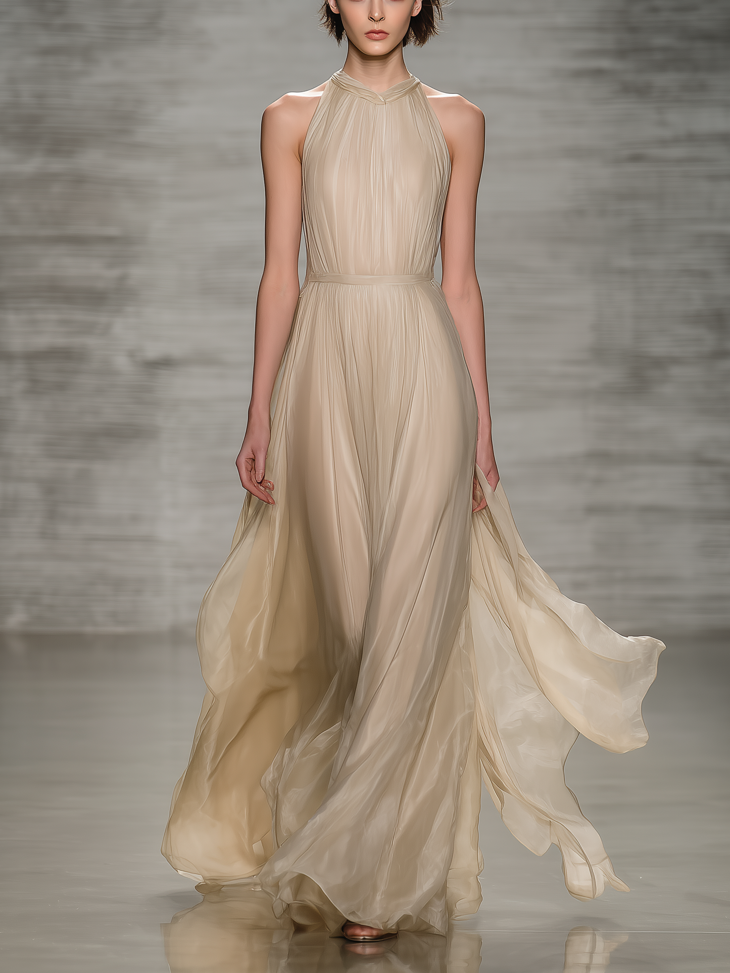 Women's Elegant Apricot-colored Round-neck Sleeveless Chiffon And Organza Long Dress
