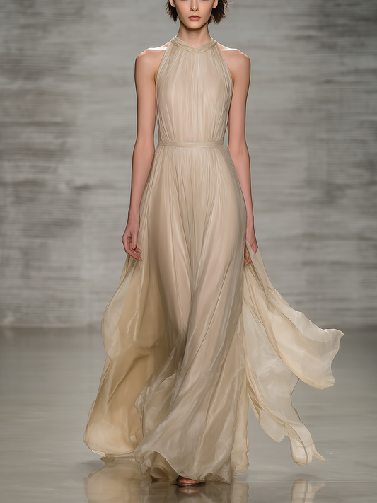 Women's Elegant Apricot-colored Round-neck Sleeveless Chiffon And Organza Long Dress