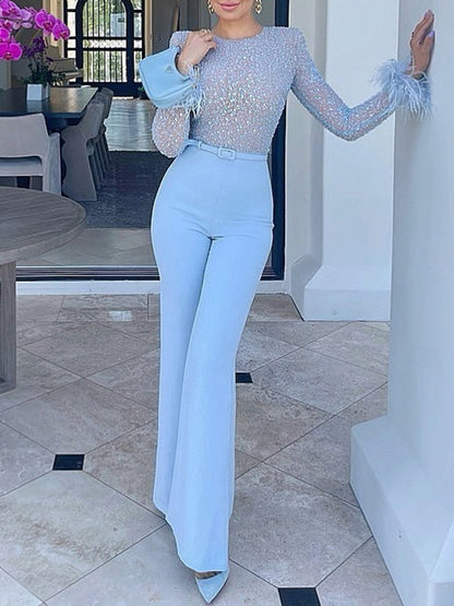 Round-Neck Long Sleeve Shiny Feathers Empire Straight Leg Jumpsuits