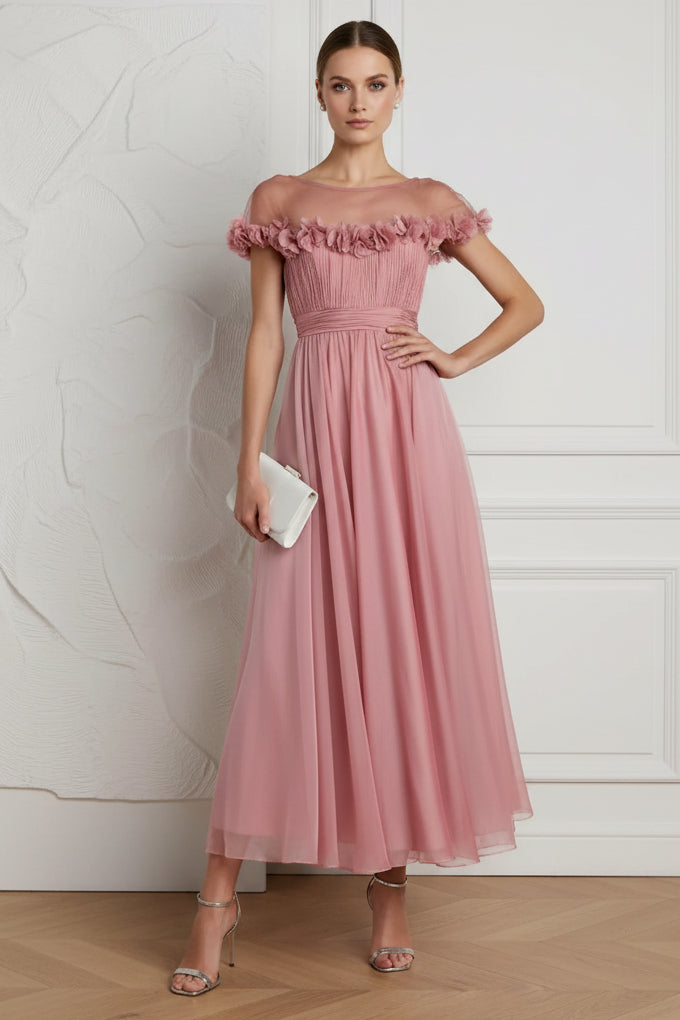 Pink Chiffon Illusion Wedding Guest Dress With 3D Flowers