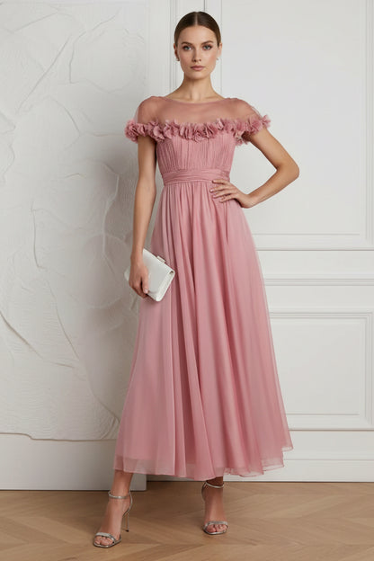 Pink Chiffon Illusion Wedding Guest Dress With 3D Flowers