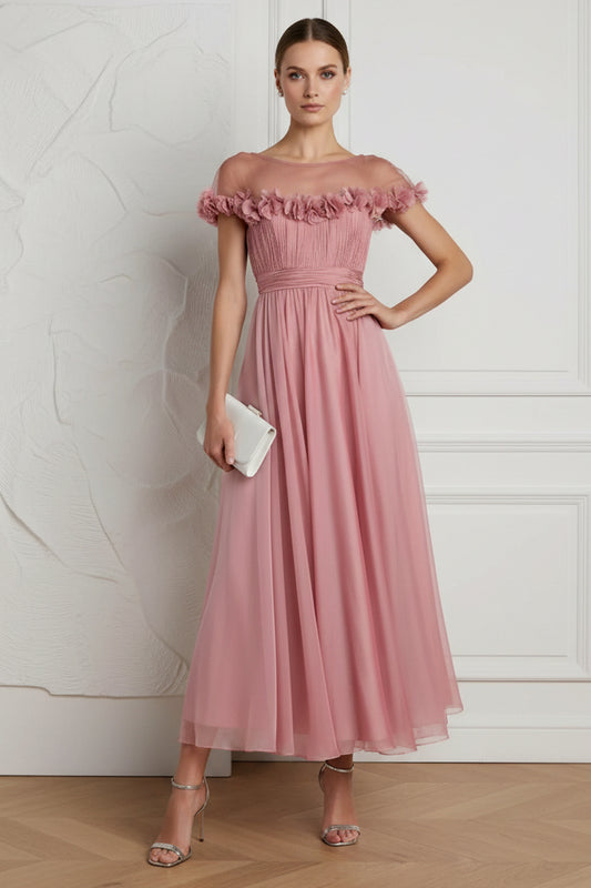 Pink Chiffon Illusion Wedding Guest Dress With 3D Flowers