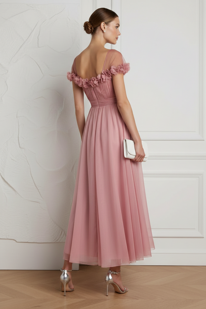 Pink Chiffon Illusion Wedding Guest Dress With 3D Flowers