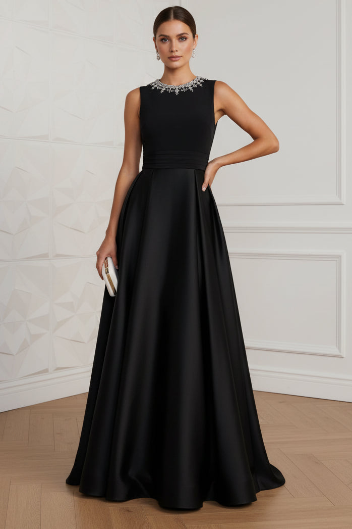 Black Beaded High Neck Sleeveless A Line Evening Dress