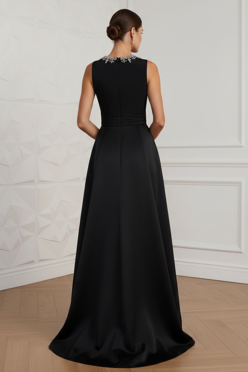 Black Beaded High Neck Sleeveless A Line Evening Dress